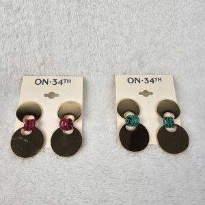 On 34th Gold Tone Disc Dangle Earrings Set of Green and Pink